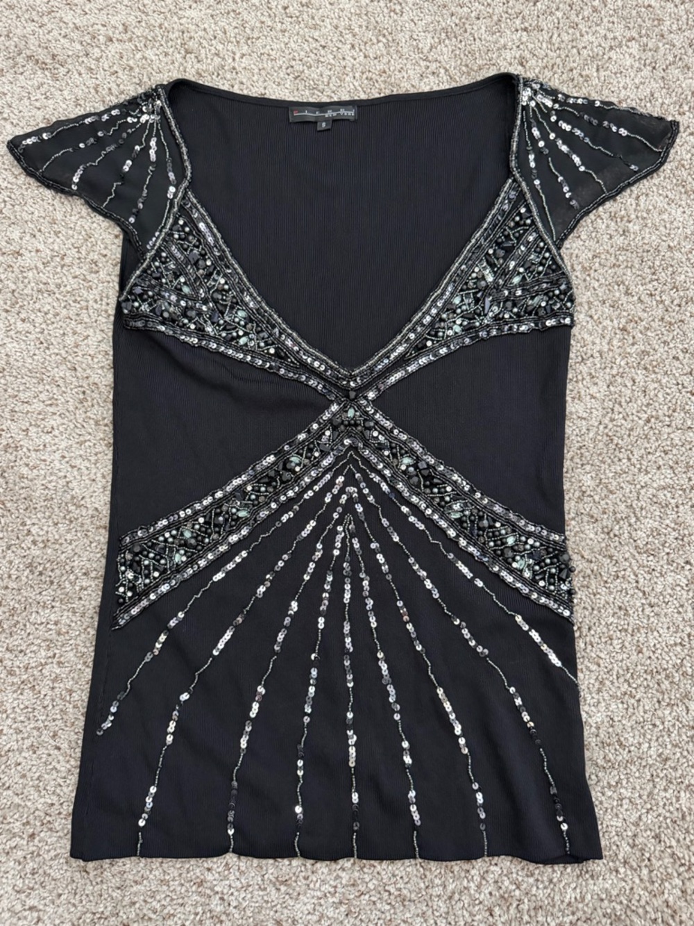 Pierri New York Black Beaded V-Neck Top